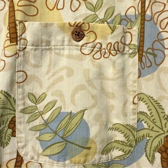 Banana Cabana 100% Silk Tropical Palm Tree Button Up Shirt Tan Yellow Size Large - Picture 3 of 6